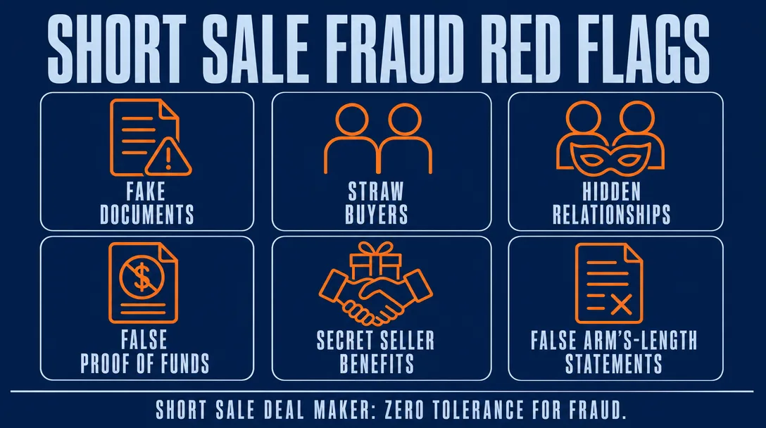 Short sale fraud red flags: fake documents, straw buyers, hidden relationships, false proof of funds, secret seller benefits, false arm's-length statements