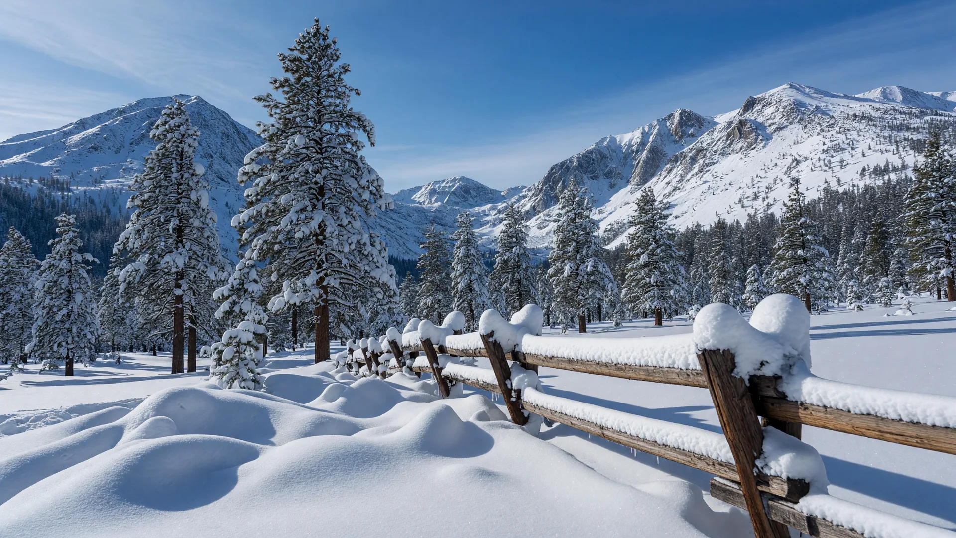 Snow-covered Sierra Nevada pine forest with a wooden fence under bright blue winter sky.