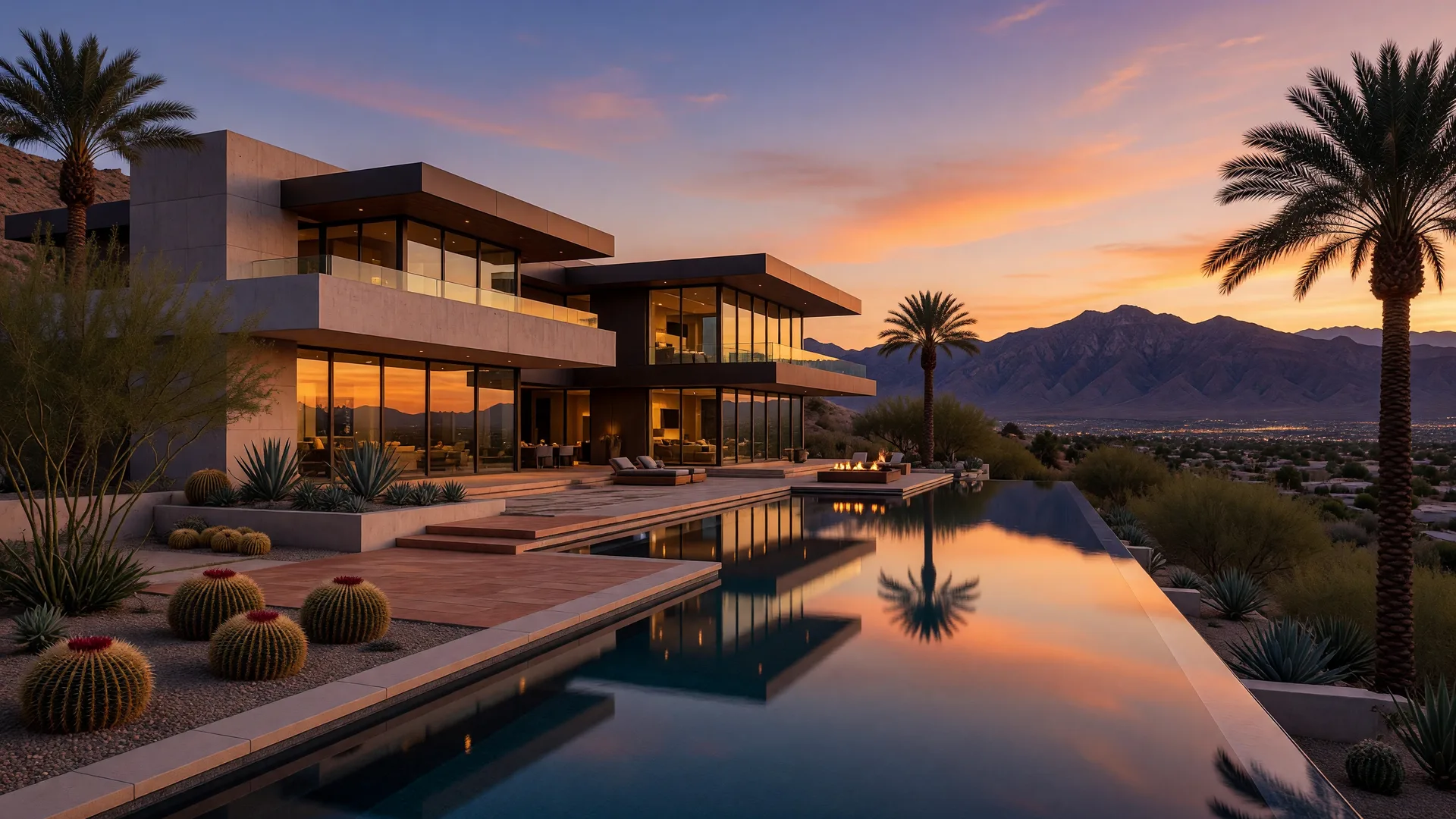 Modern luxury desert estate in the Las Vegas hills at twilight with an infinity-edge pool and mountain backdrop