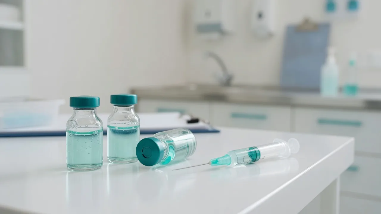 Glass vials and a syringe arranged on a bright white clinic counter