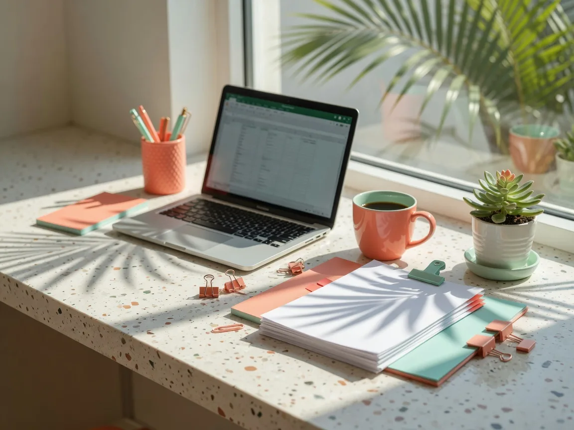 A sunny mortgage office desk with an open laptop, papers, and a coffee mug by a bright window
