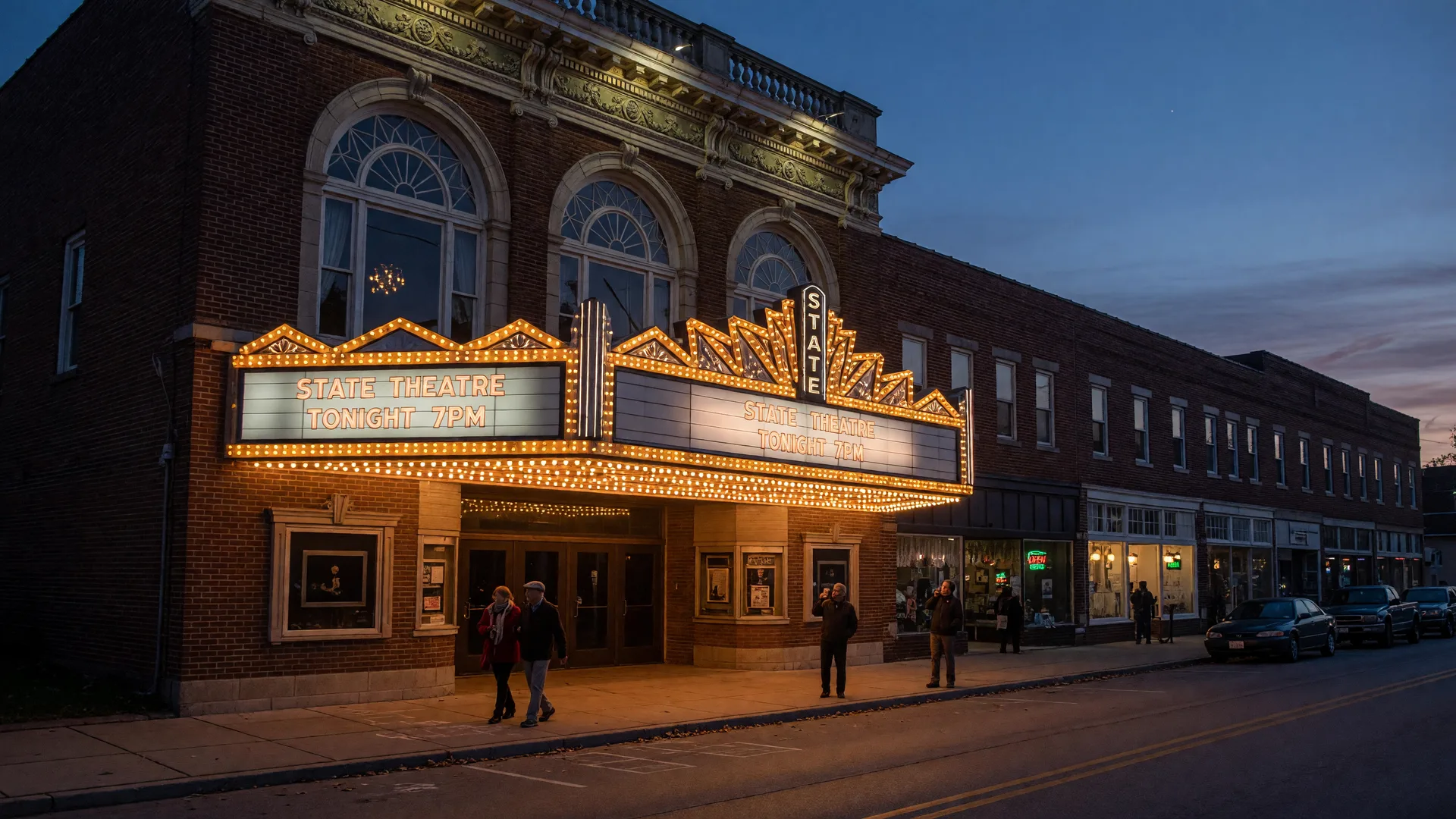 The restored 1921 Historic Sidney Theatre in downtown Sidney Ohio at dusk, its glowing marquee lighting up a quiet Main Street against a deep blue evening sky