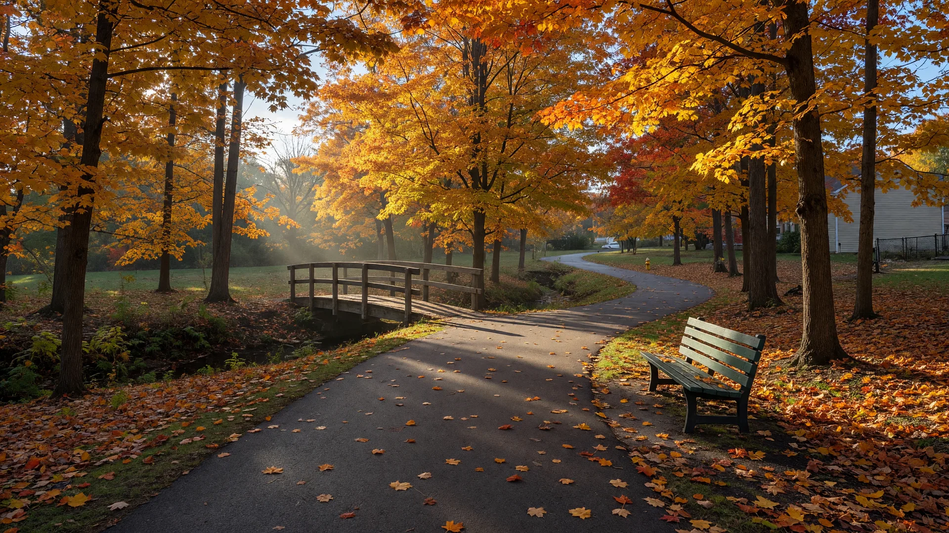 A paved walking path through golden fall maples in a Dresher park on an October morning