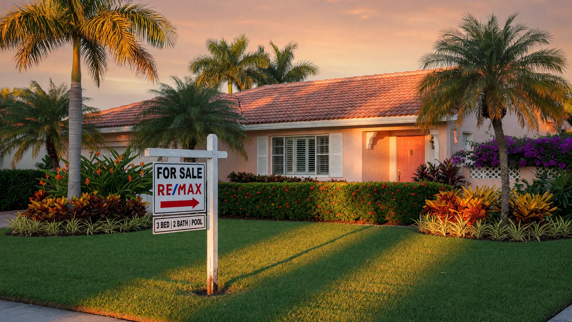 For Sale sign in front of a South Florida home with tile roof, palm trees, and tropical landscaping