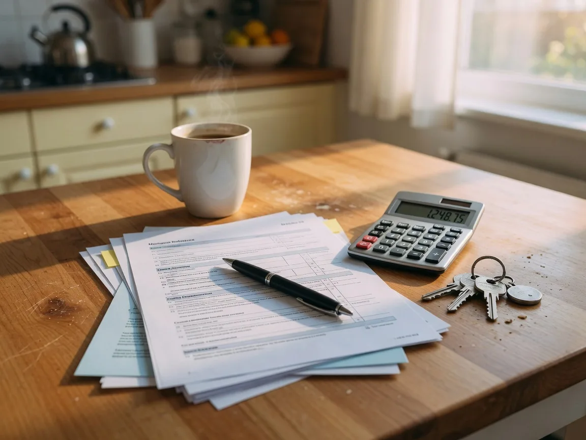 Refinance paperwork, a calculator, house keys, and a cup of coffee on a wooden kitchen table