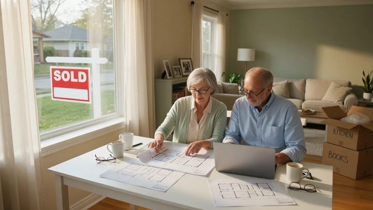 Couple reviewing real estate floor plans and a laptop at a bright dining table with a SOLD sign visible through the window