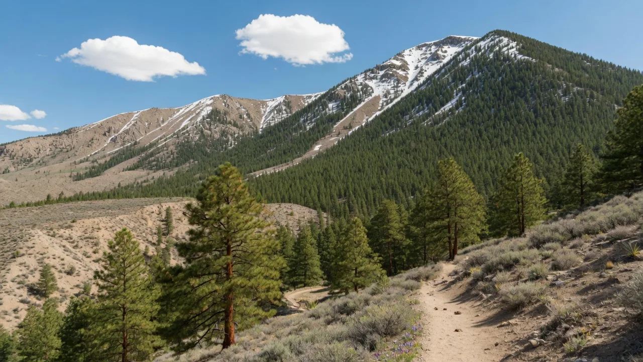 Pine-forested high country of Mount Charleston rising above desert scrub