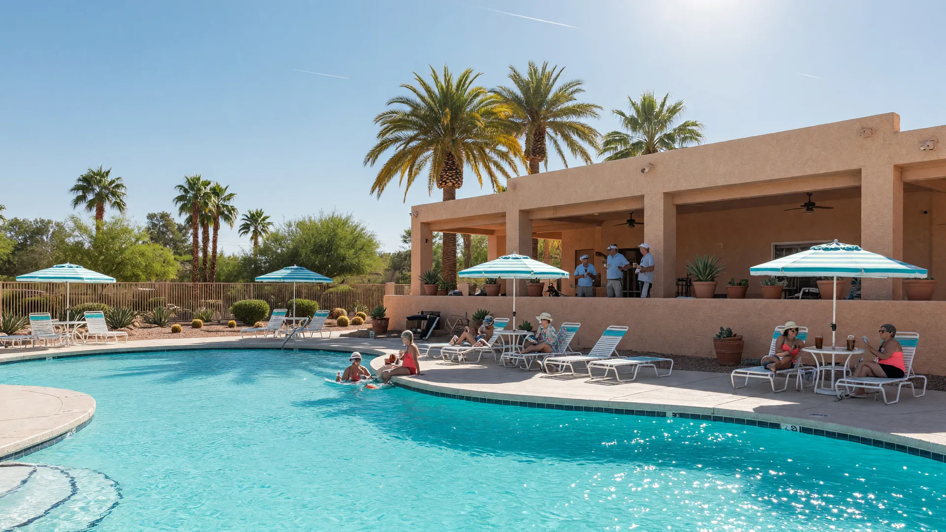 Resort pool and clubhouse at a Las Vegas 55+ recreation center, representative imagery