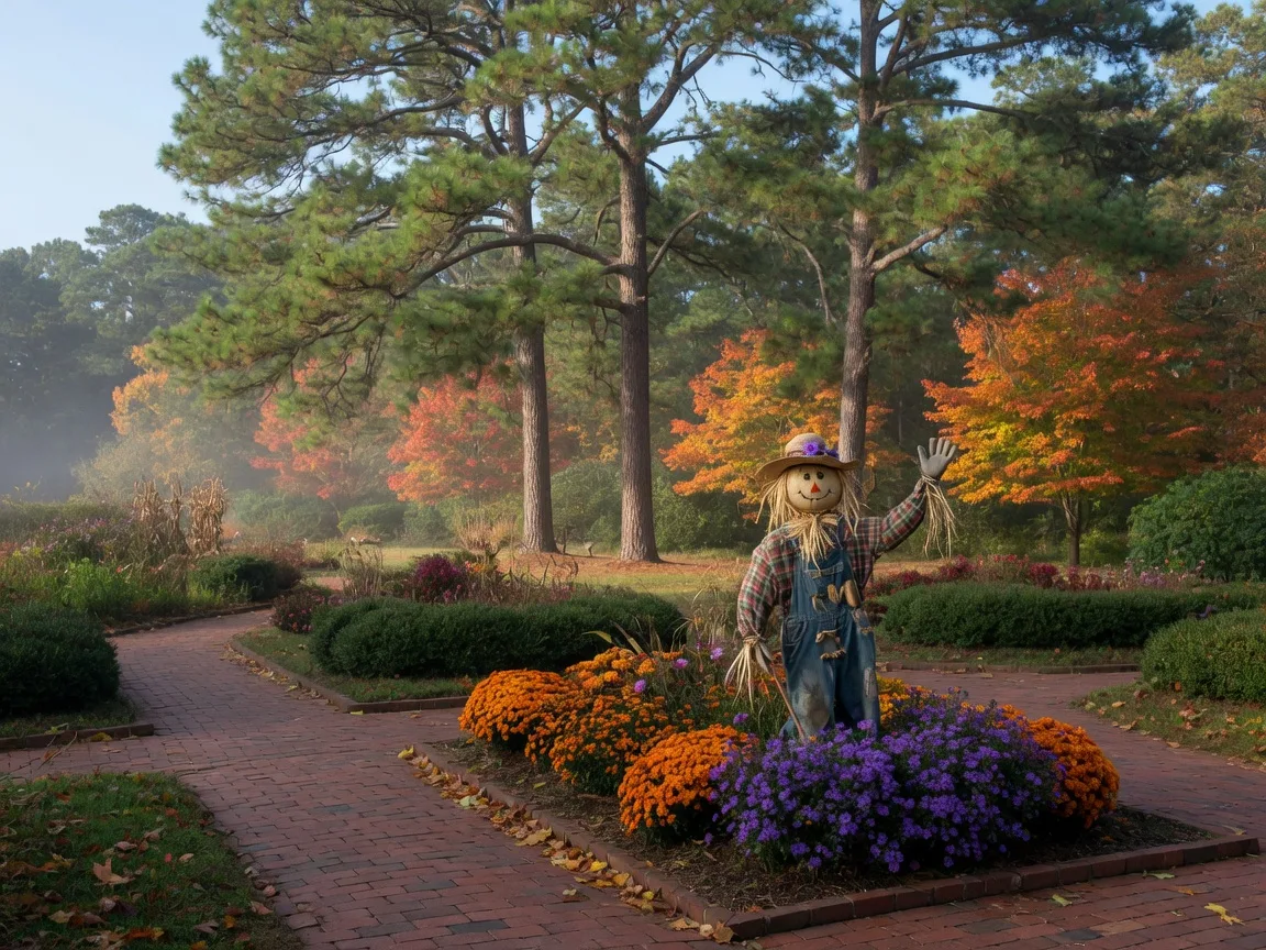 A scarecrow in a straw hat standing among mums and asters at the Sandhills Horticultural Gardens