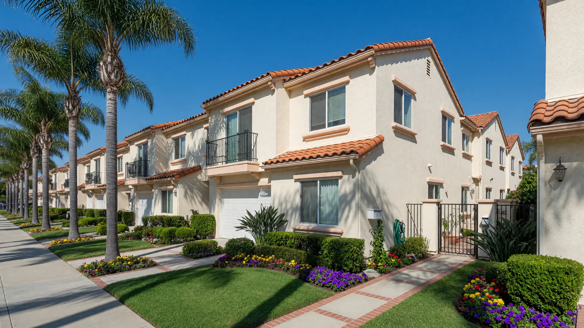 A row of two-story stucco townhomes with terra cotta tile roofs and landscaped courtyards under a bright blue sky