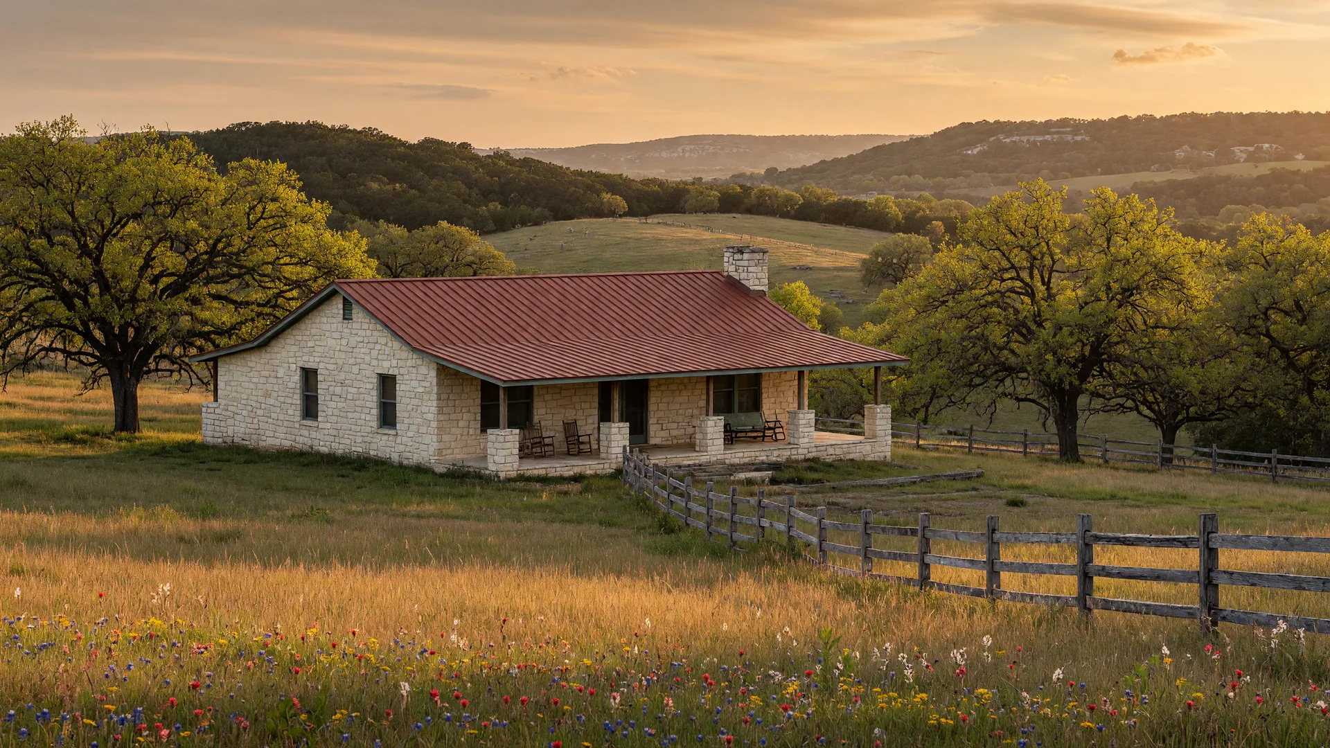 A Texas Hill Country acreage home on rolling limestone land with live oaks and a split-rail fence at golden hour, near Bulverde, in the San Antonio home inspection service area of Rodeo Home Inspections