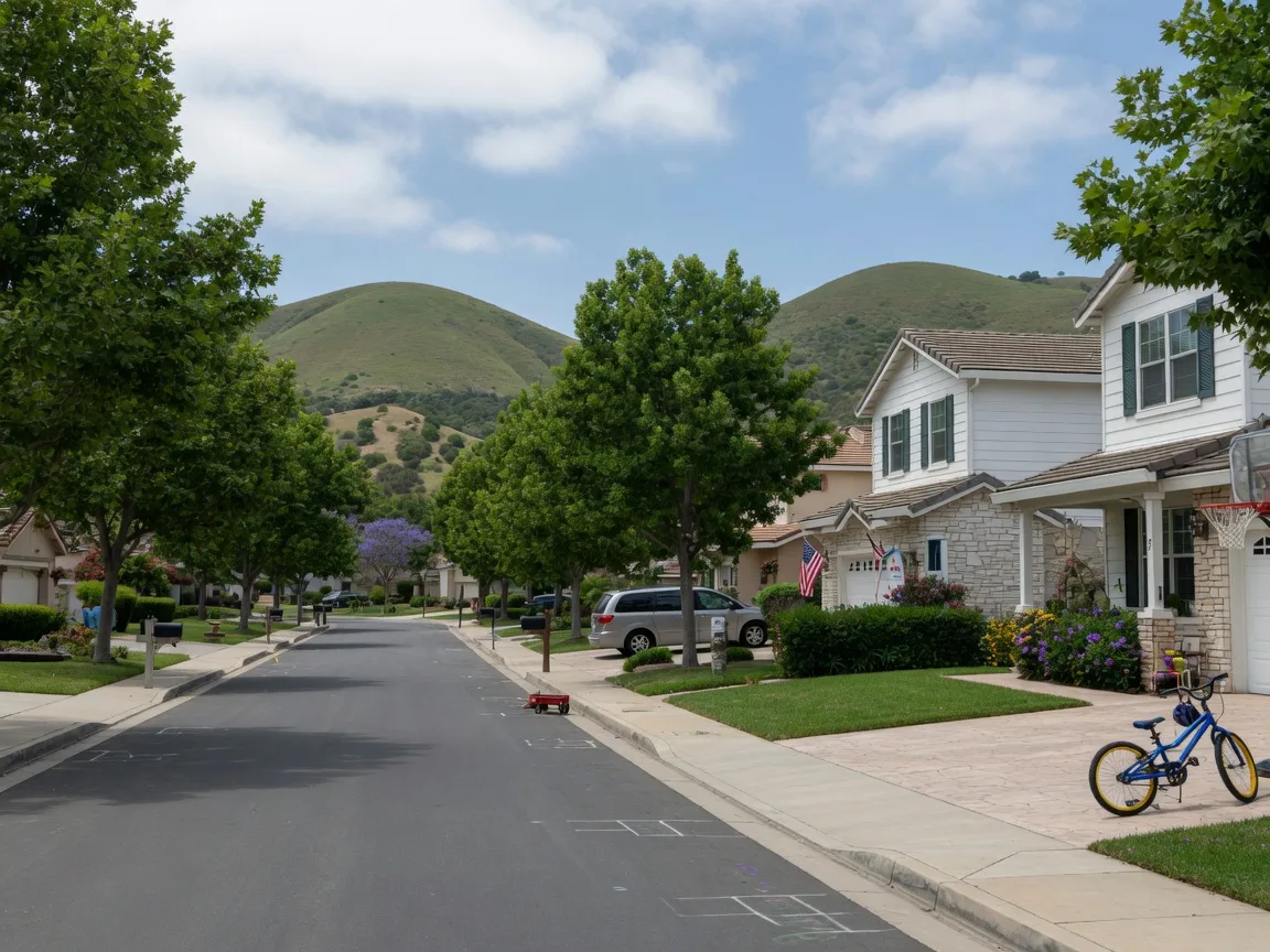 A leafy family street in Poway with rounded foothills at the end of the road