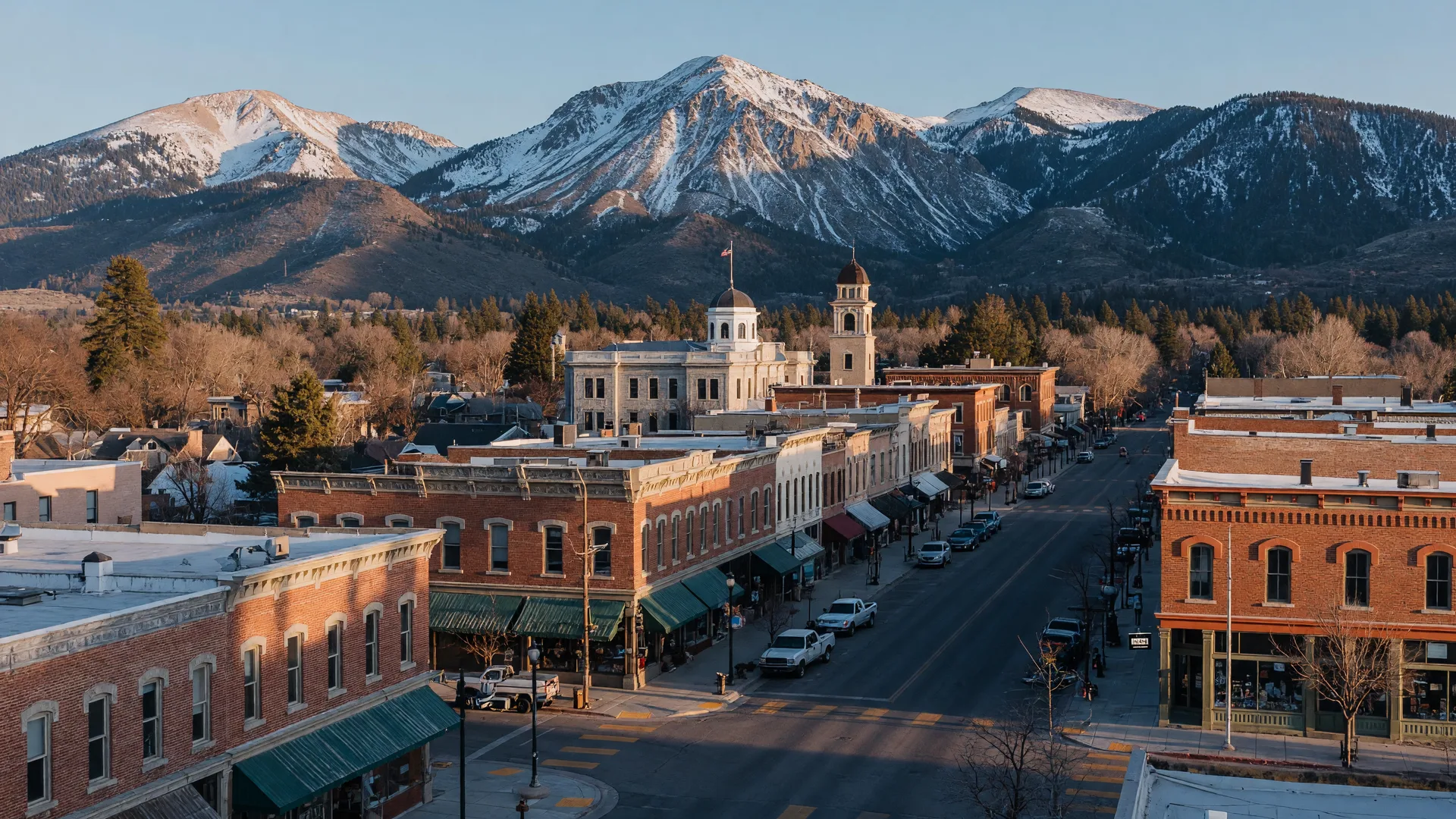 A low-rise Nevada state capital downtown in warm late-afternoon light with the snow-dusted Sierra Nevada range on the horizon.