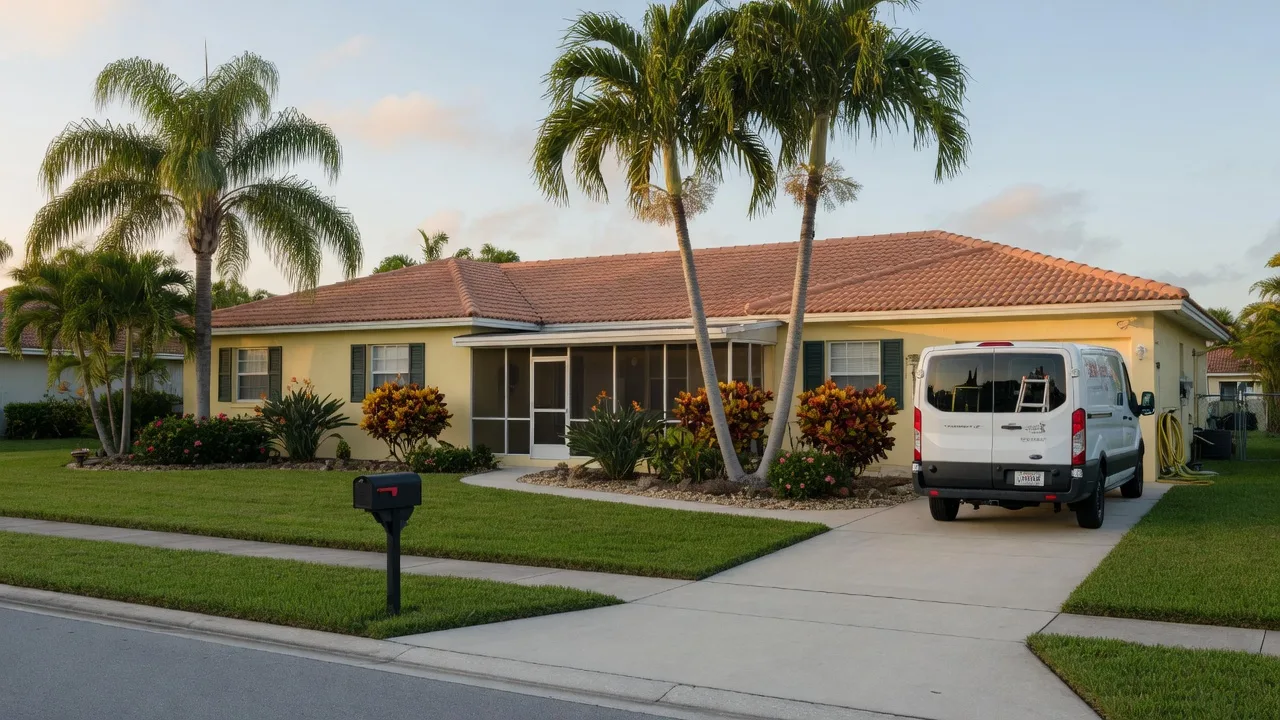 A well-maintained South Florida home with trimmed landscaping and a technician's van in the driveway