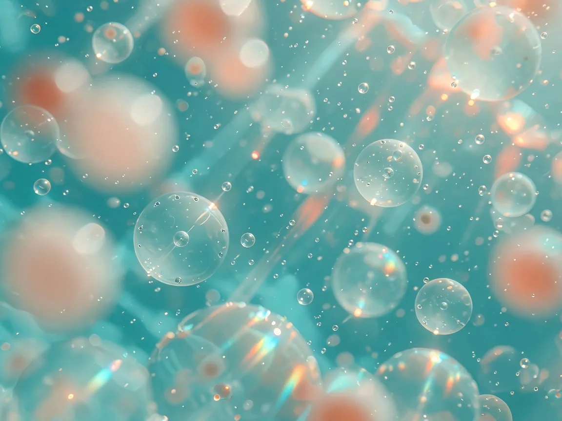 Abstract macro of luminous droplets in turquoise water, evoking cells and regeneration