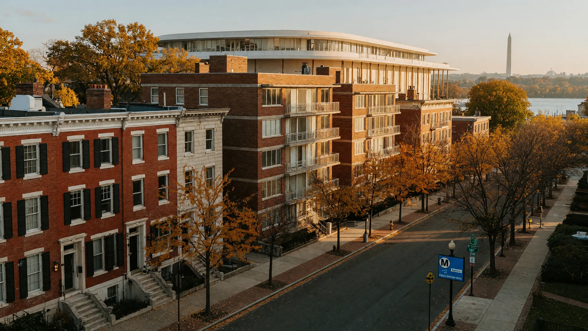 A tree-lined street in the Foggy Bottom neighborhood of Washington, DC on a golden October afternoon, historic brick rowhouses and mid-century apartments with the white marble arc of the Kennedy Center rising in the distance