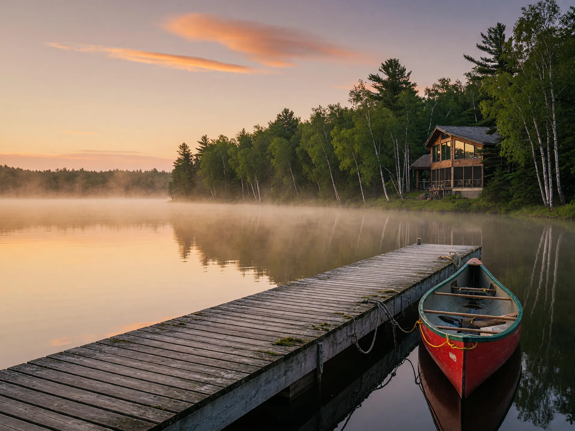A wooden dock with a tied canoe on a calm northern Minnesota lake at sunrise, low golden mist over the water, birch and pine shoreline with a modern lake home among the trees