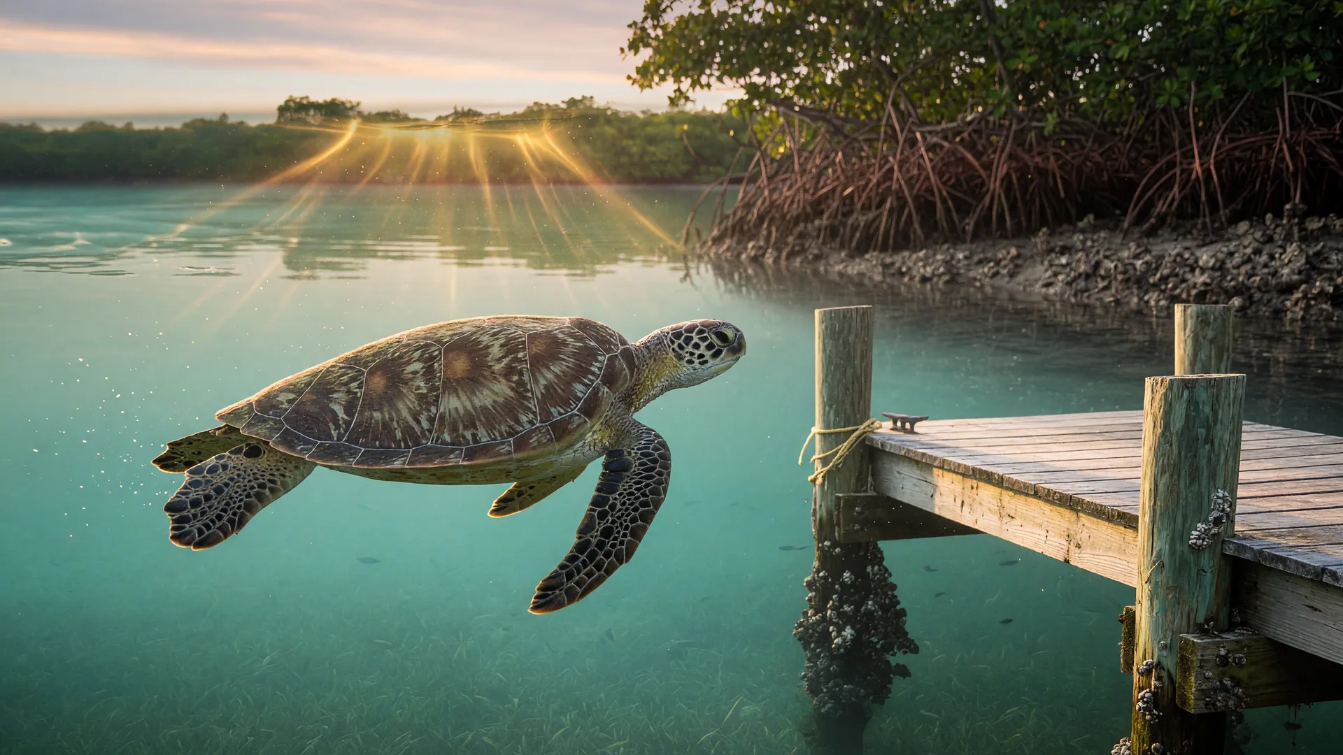 A green sea turtle gliding through clear turquoise water in Marathon, Florida Keys at golden hour with a mangrove shoreline softly blurred in the background
