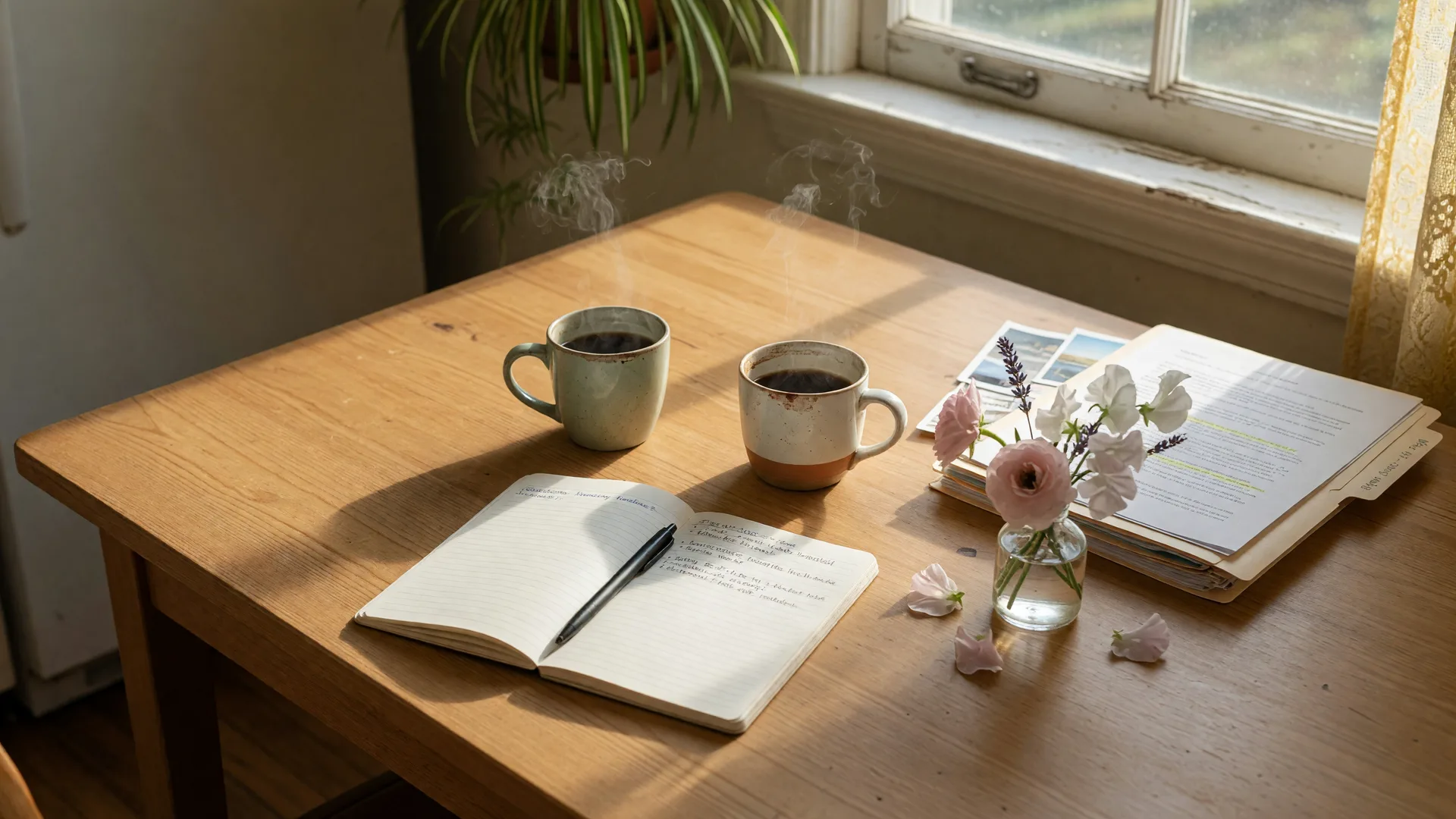 Sunlit kitchen table set with two coffee cups, an open notebook, and real estate documents, ready for a buyer and agent meeting