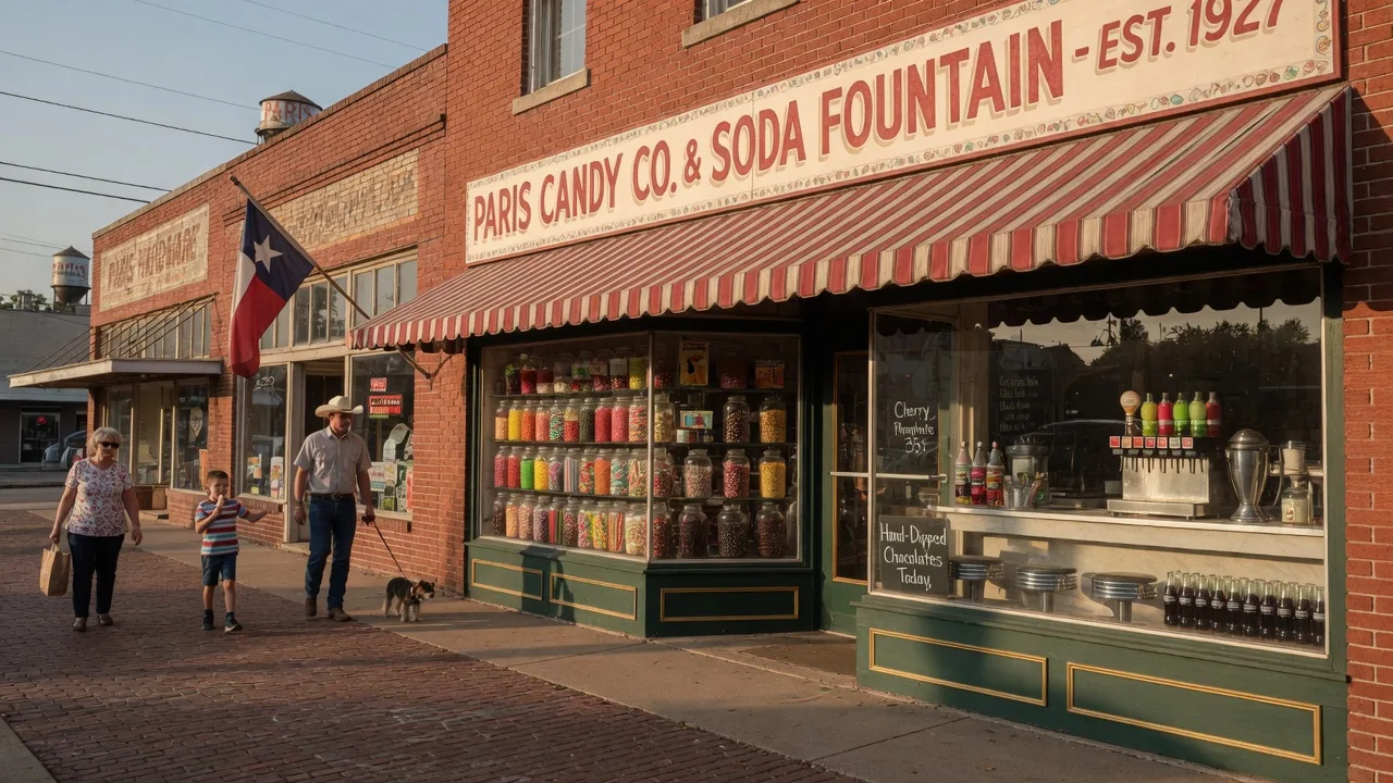 Nostalgic candy shop storefront on a historic small-town Texas main street with candy-jar display windows and awnings