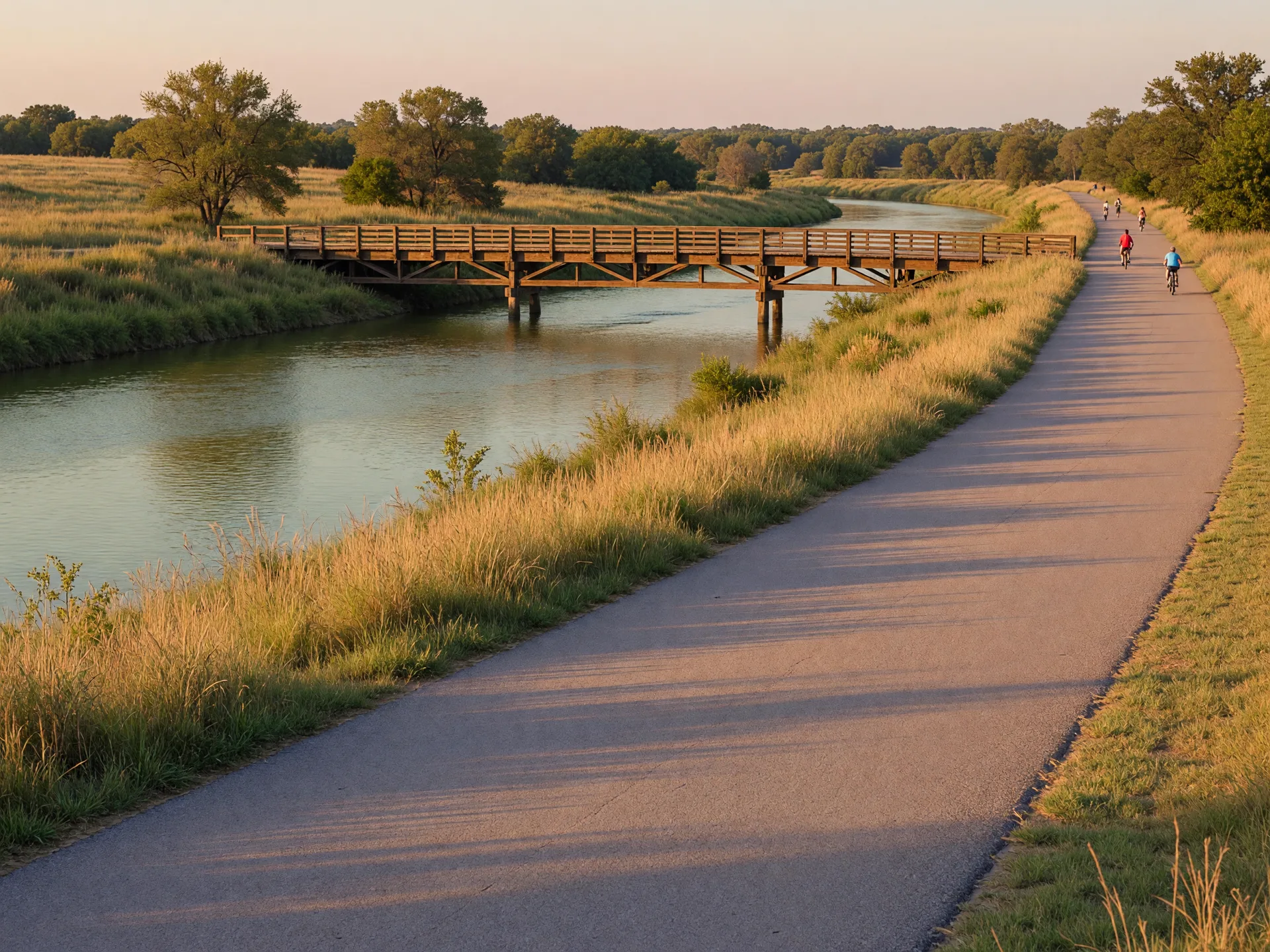 A paved walking and cycling trail along the Arkansas River in Jenks, Oklahoma in warm late-afternoon light