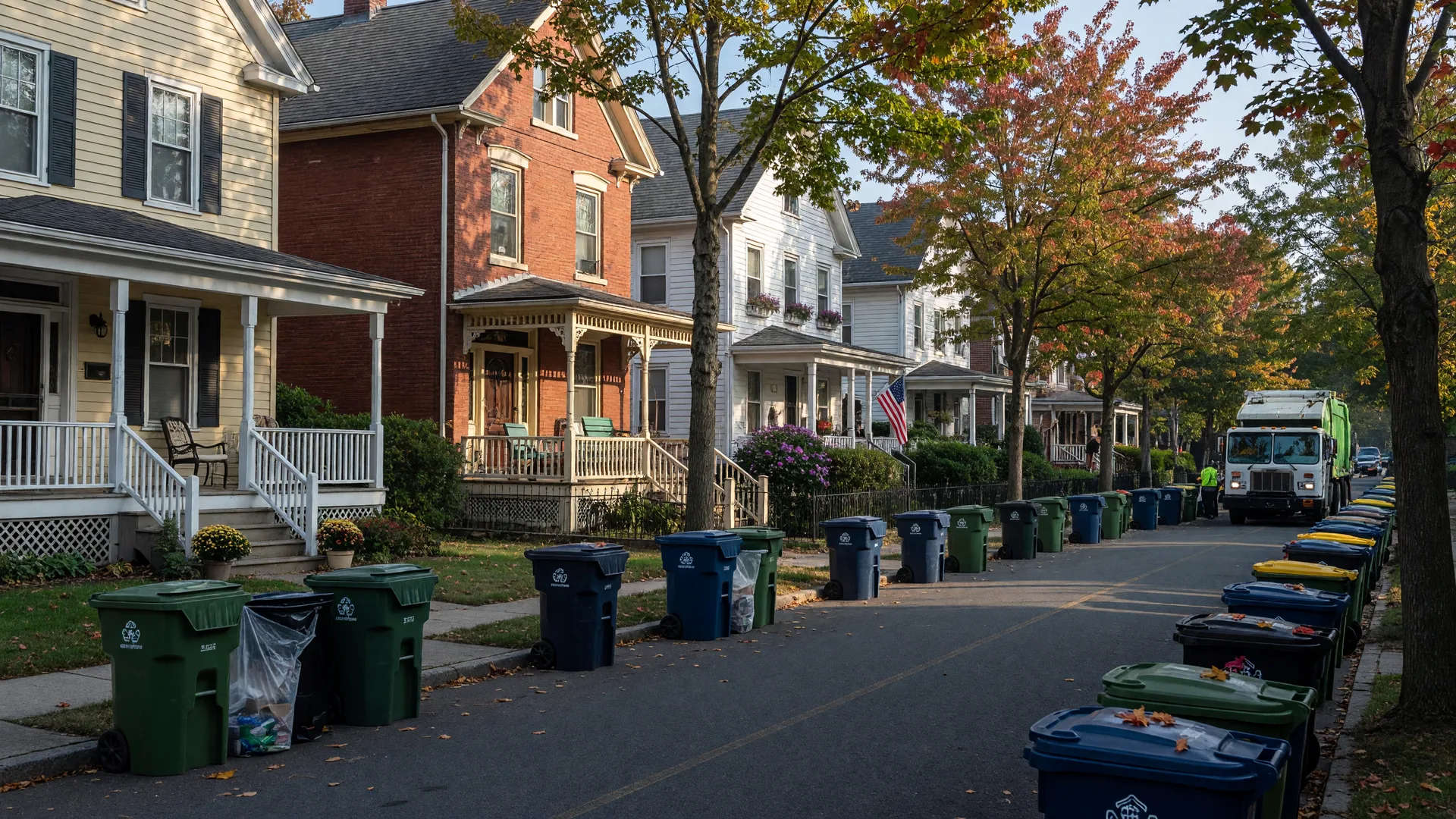 A tree-lined residential street in Montclair NJ on a crisp September morning with curbside trash and recycling bins in front of historic Colonial and Victorian homes and a sanitation truck further down the block