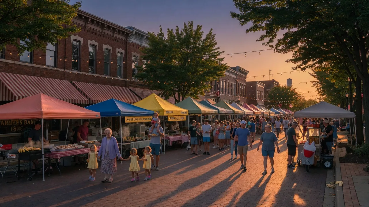 A warm late summer evening on a small-town Ohio Main Street with vendor tents, glowing string lights, and families enjoying a festival atmosphere