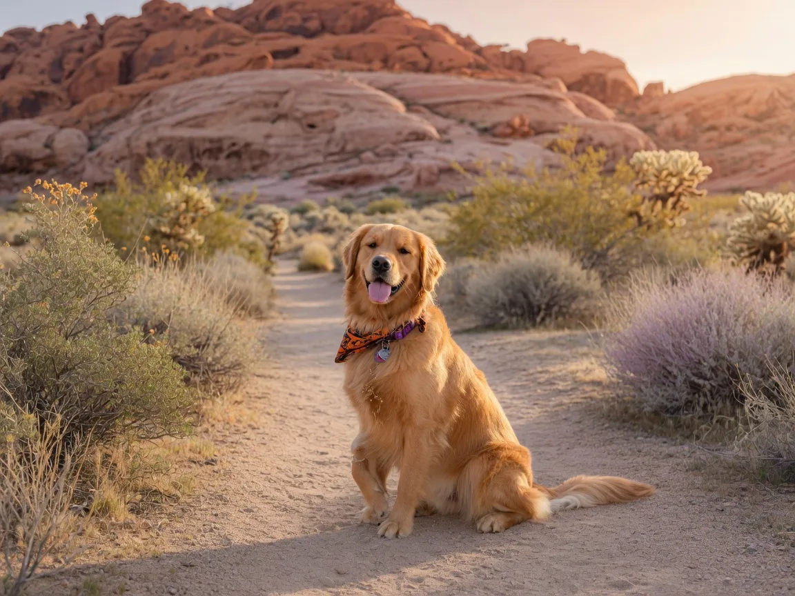 A warm, friendly photograph of a golden retriever on a desert trail near Henderson, introducing the fall pet safety section of Bev Prock's September 2026 newsletter
