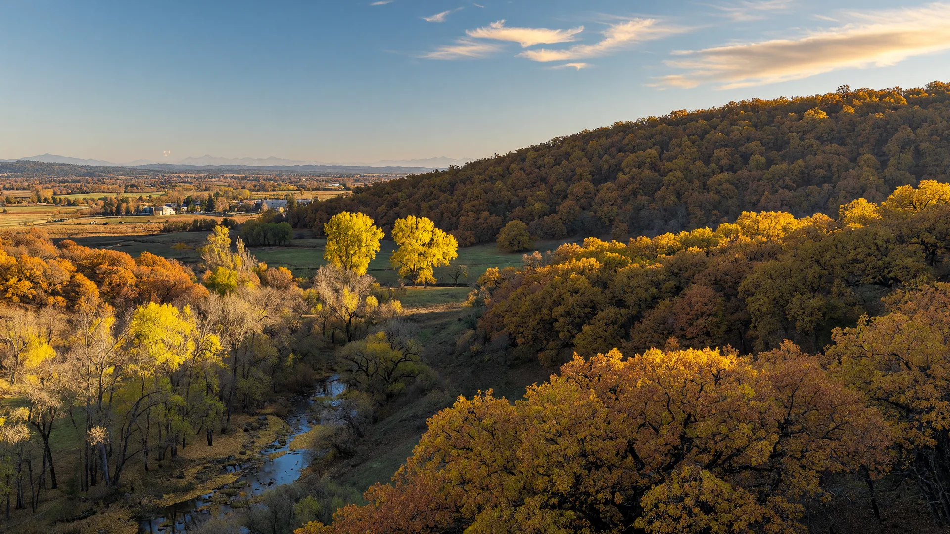 Autumn hills above the Rogue Valley near Medford, Oregon with golden oak slopes, yellow bigleaf maples, and a cottonwood-lined creek in late afternoon light