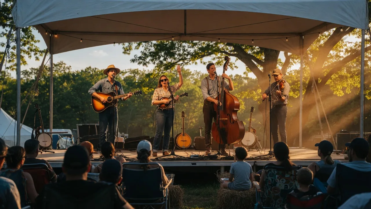A bluegrass band with guitar, mandolin, upright bass, and fiddle performing on an outdoor festival stage in golden late-afternoon light