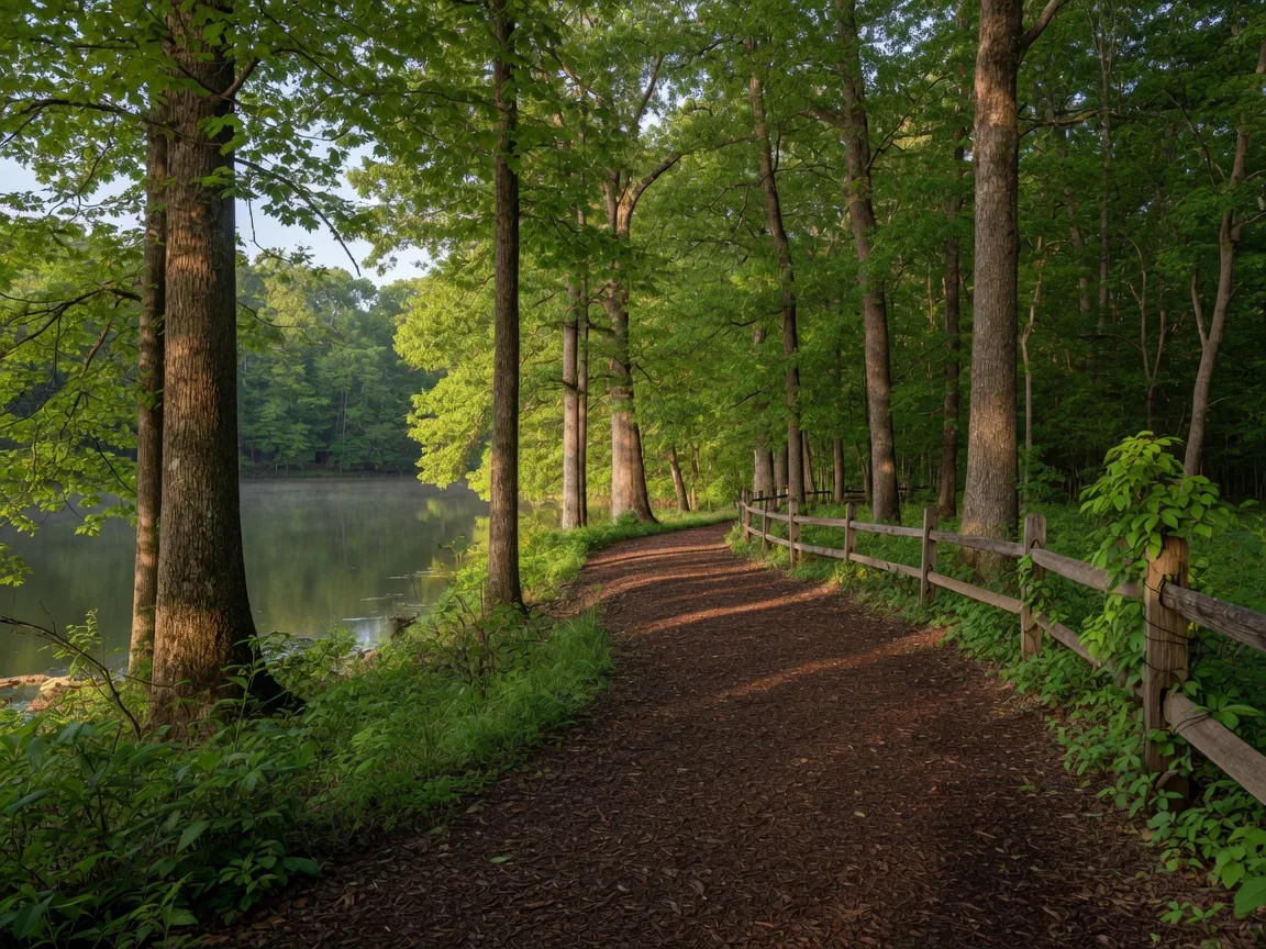 A wide nature trail winding through hardwoods at Anne Springs Close Greenway, with a lake beyond