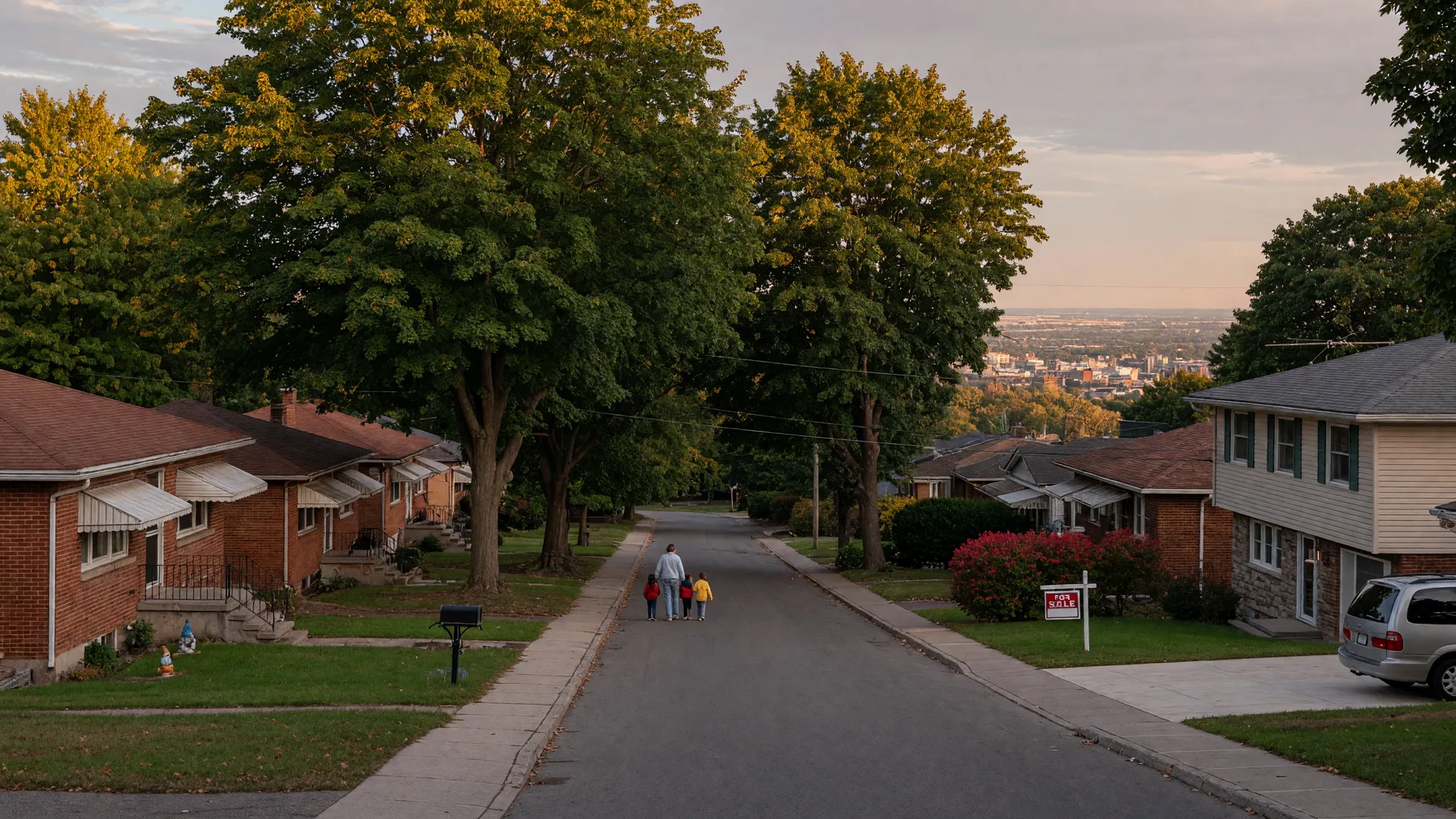 Quiet residential street on Central Hamilton Mountain with 1960s brick bungalows, a For Sale sign, and mature maples in late afternoon light