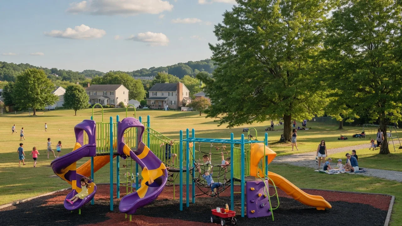 A sunny summer day at a playground in Bergen County NJ with colorful slides and climbing structures in a grassy park