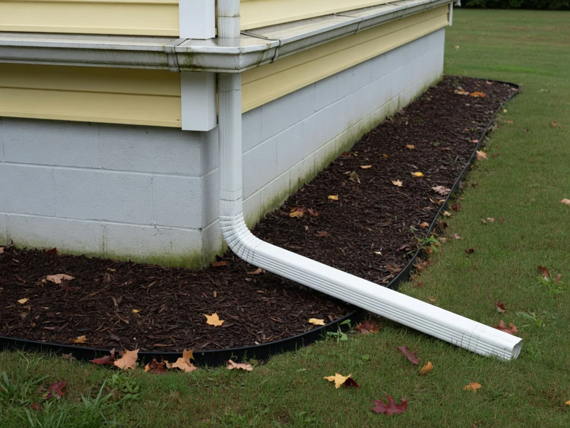 Downspout extension carrying rainwater away from the foundation of a colonial home on an overcast September day