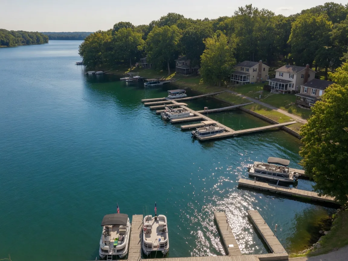 Aerial drone view of a lake with a marina in northern Hamilton County Indiana