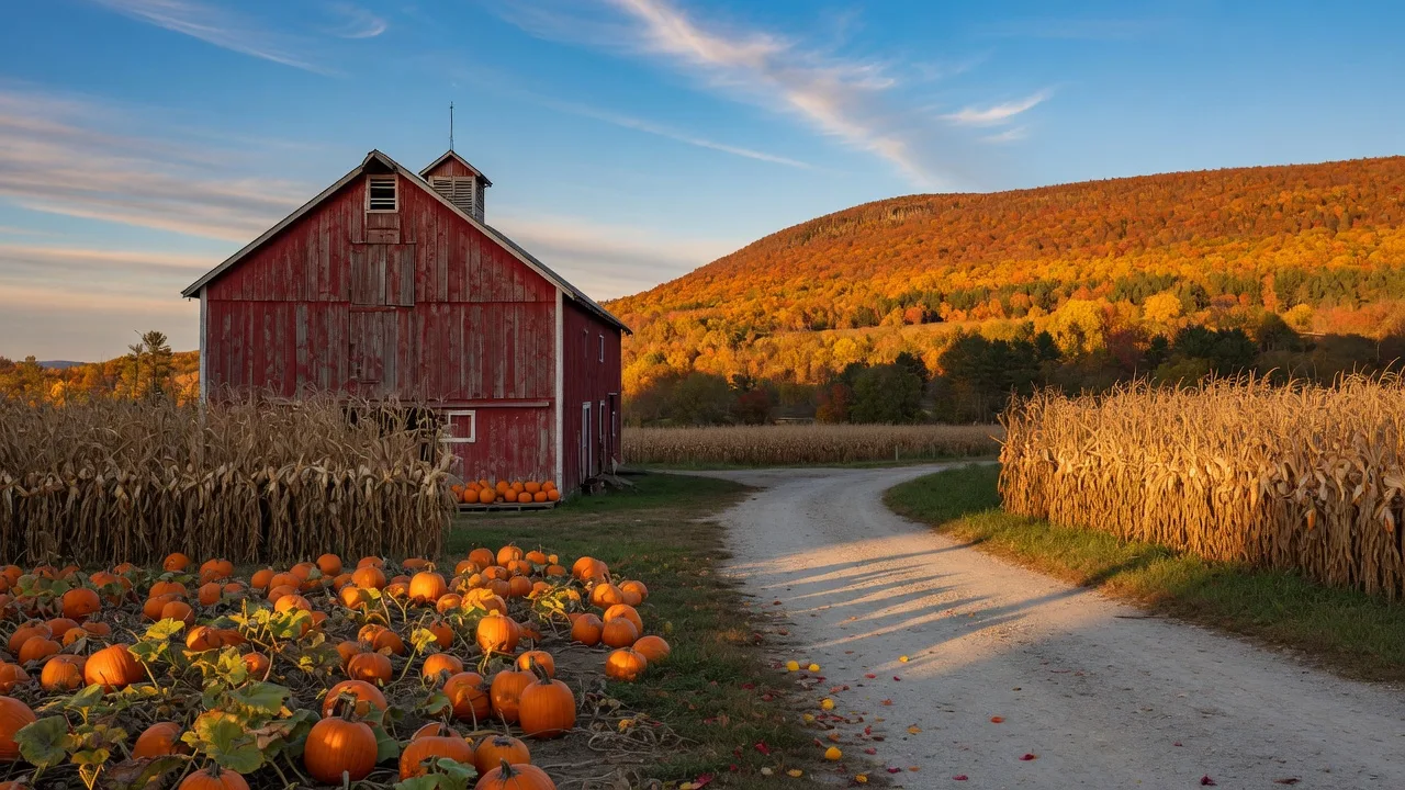 A crisp mid-October golden-hour view of a rural Lehigh County farm lane, with a weathered red barn, a pumpkin patch and drying corn stalks in the foreground, and the Blue Mountain ridge showing strong fall color on the horizon