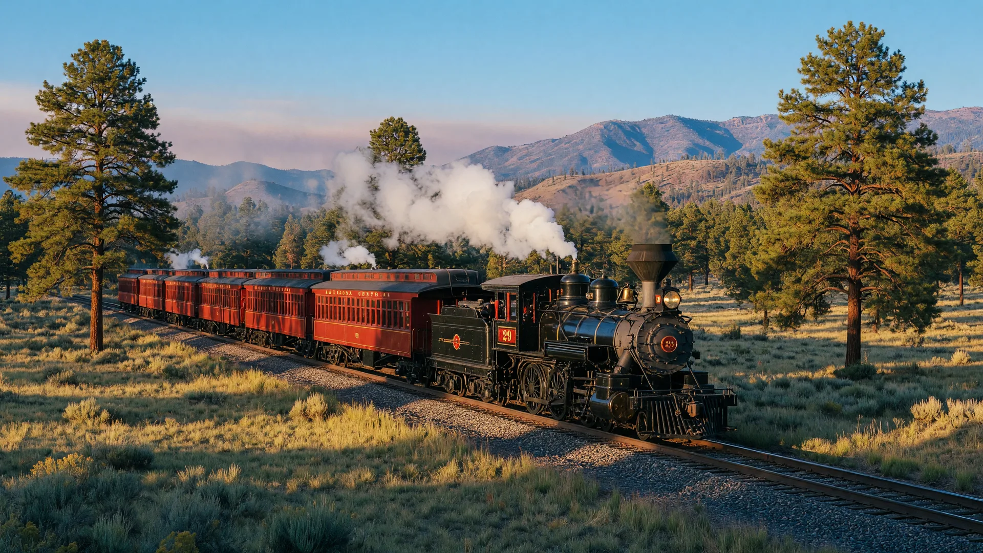 Vintage steam locomotive pulling red passenger cars of the Grand Canyon Railway through the pines