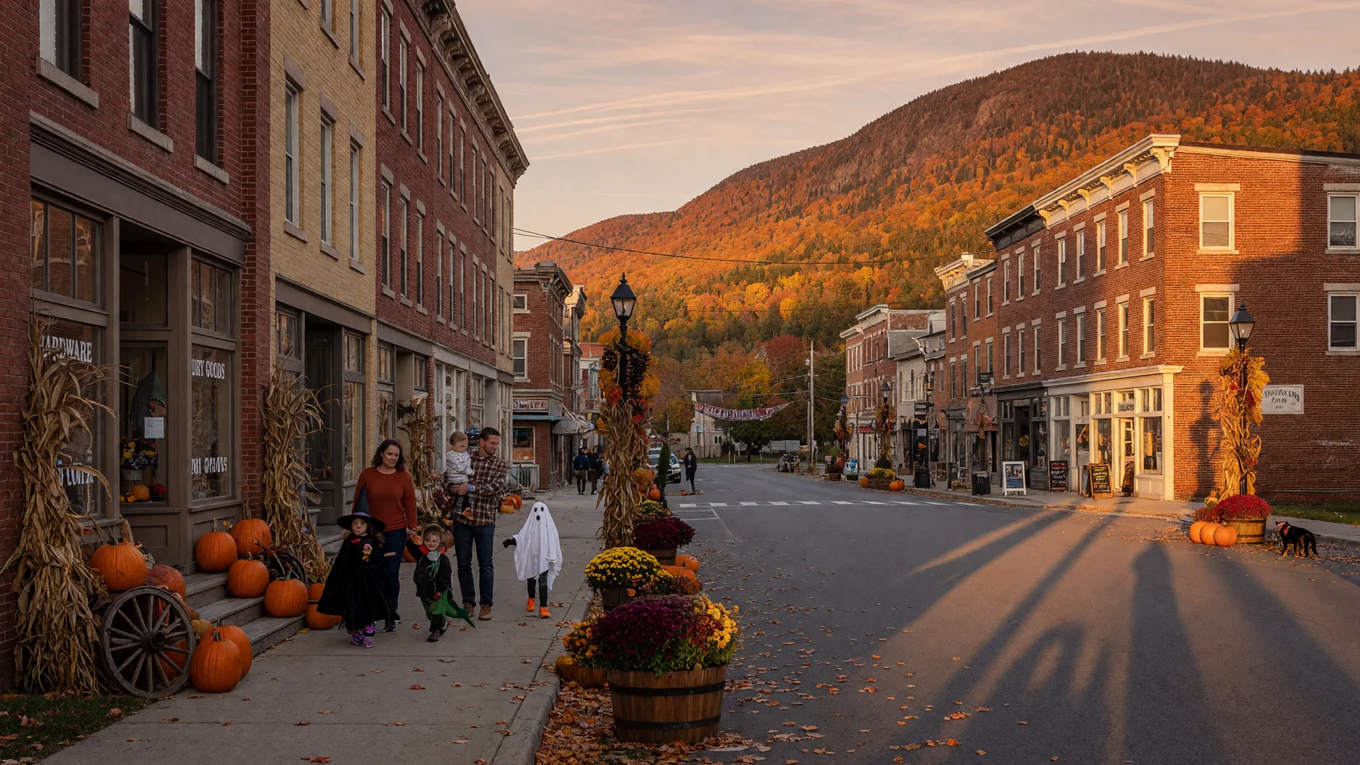 A late-October Pennsylvania main street in peak color with brick storefronts, pumpkins and mums on the sidewalks, costumed families out for a fall evening, and the Blue Mountain ridge glowing amber on the horizon