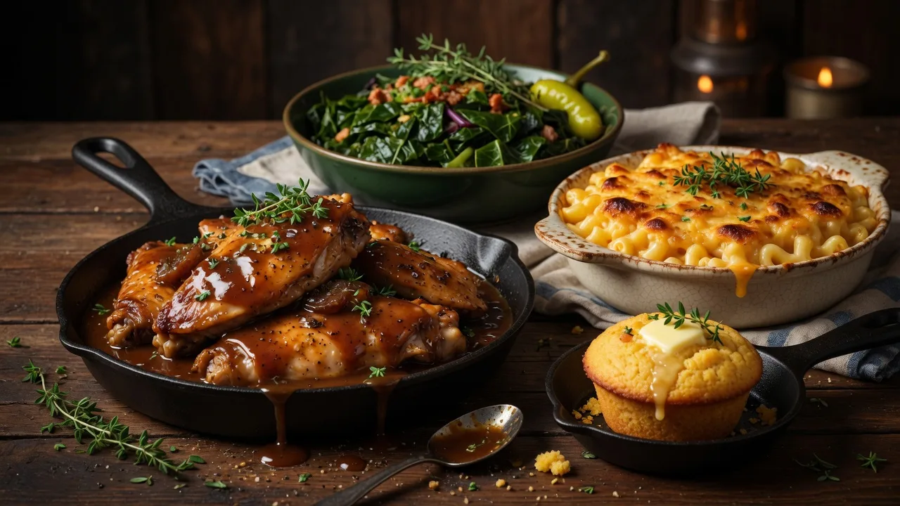 Southern soul food dinner at Soul Food of Buford in Buford Georgia, smothered turkey wings in rich gravy with creamy mac and cheese, collard greens, and cornbread on a rustic wooden table