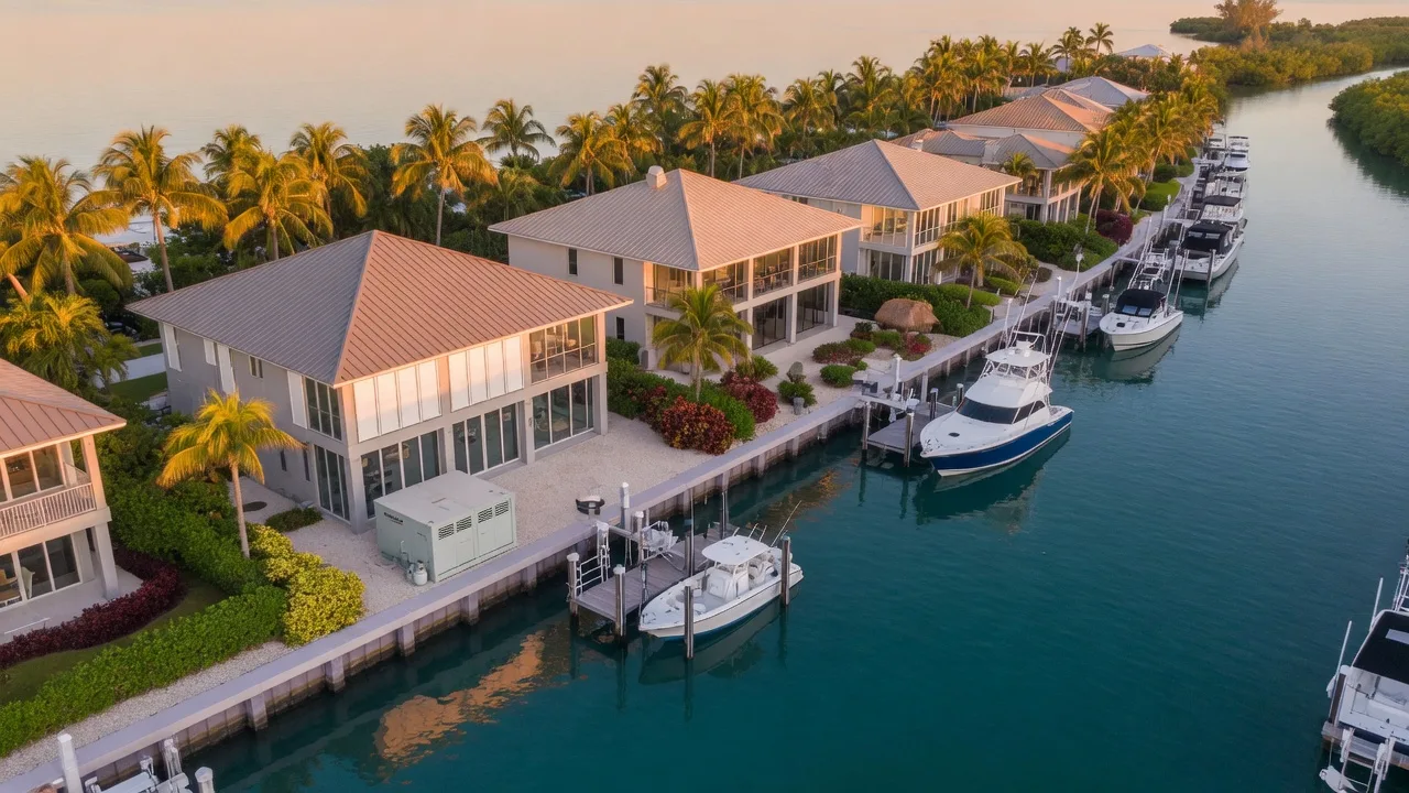 An aerial view at golden hour of elevated luxury Florida Keys waterfront homes on tall concrete pilings above a deep-water canal, standing-seam metal roofs and impact glass, private docks with boat lifts and sportfishing yachts in glassy turquoise water