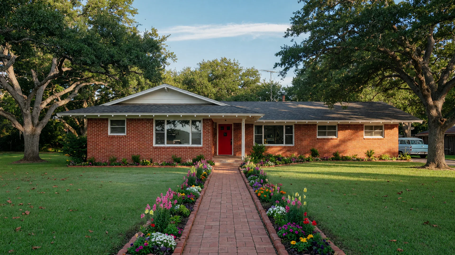 1950s brick ranch home on a large leafy lot in Terrell Hills, a classic San Antonio real estate neighborhood, in morning light