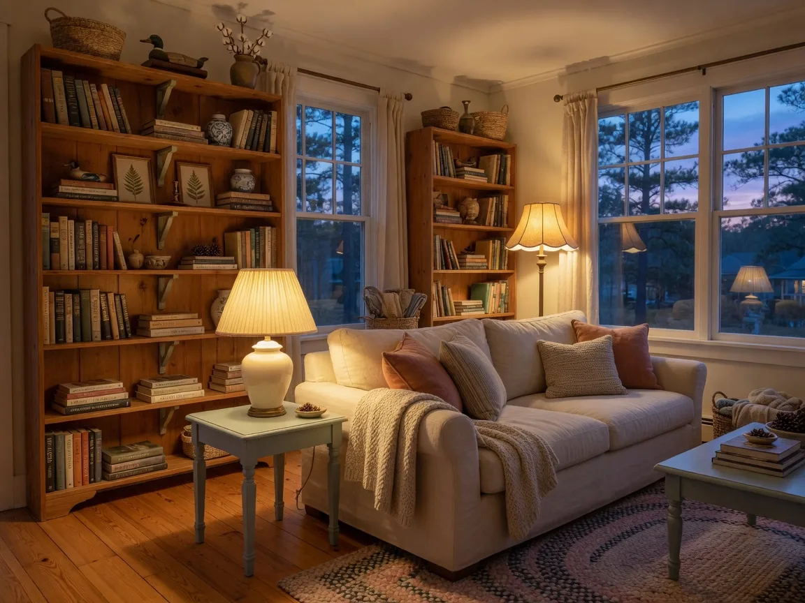 A warm, lamp-lit living room in a Sandhills home with dusk visible through the windows