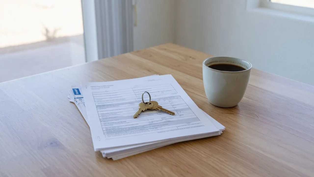 A bright morning scene of a house key resting on a small stack of loan paperwork beside a coffee cup on a wooden table in a sunny Arizona home