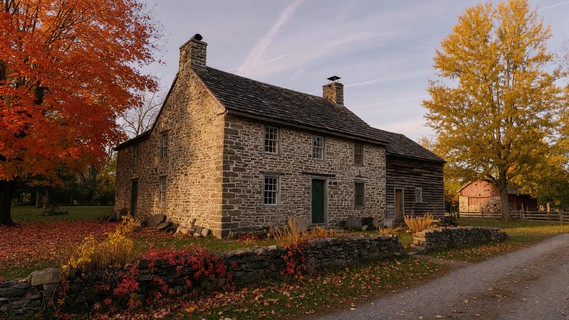 A historic colonial-era stone farmhouse in Oreland in warm autumn light