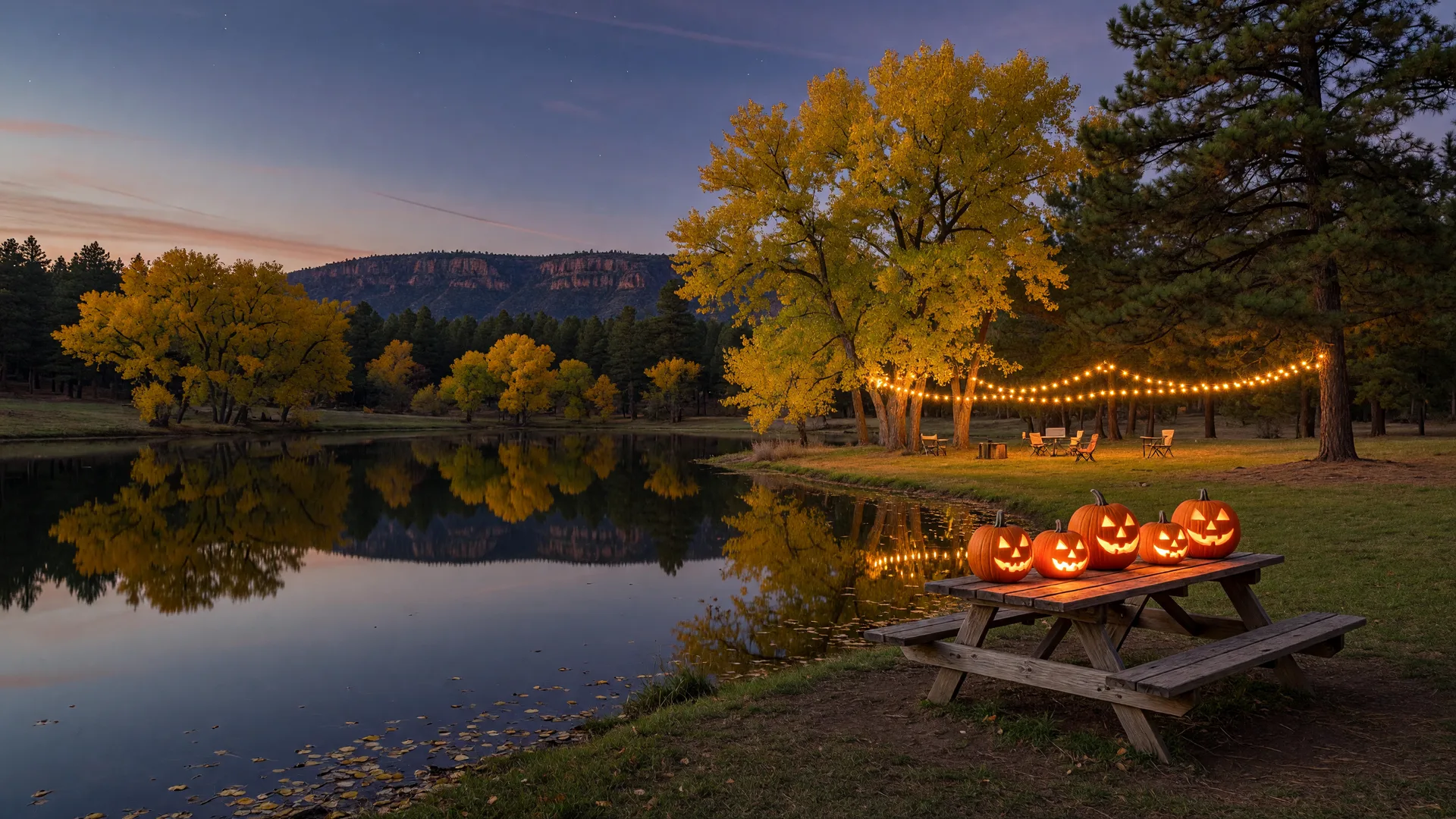 Carved jack-o'-lanterns glowing beside the lake at Green Valley Park in Payson, Arizona on a late October evening, with fall color, string lights, and the Mogollon Rim in the distance