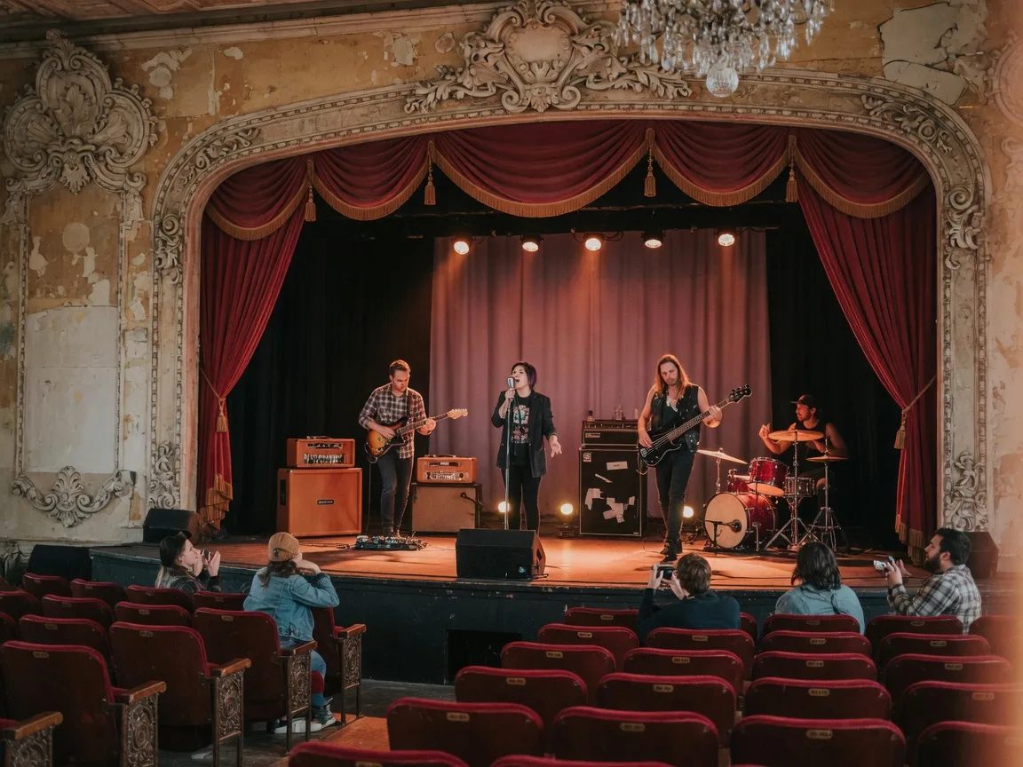 A four-piece alternative rock band performing on a warmly lit vintage stage inside a restored historic Central Valley theater, red velvet curtains and ornate plaster details above the stage with red velvet seats in the foreground