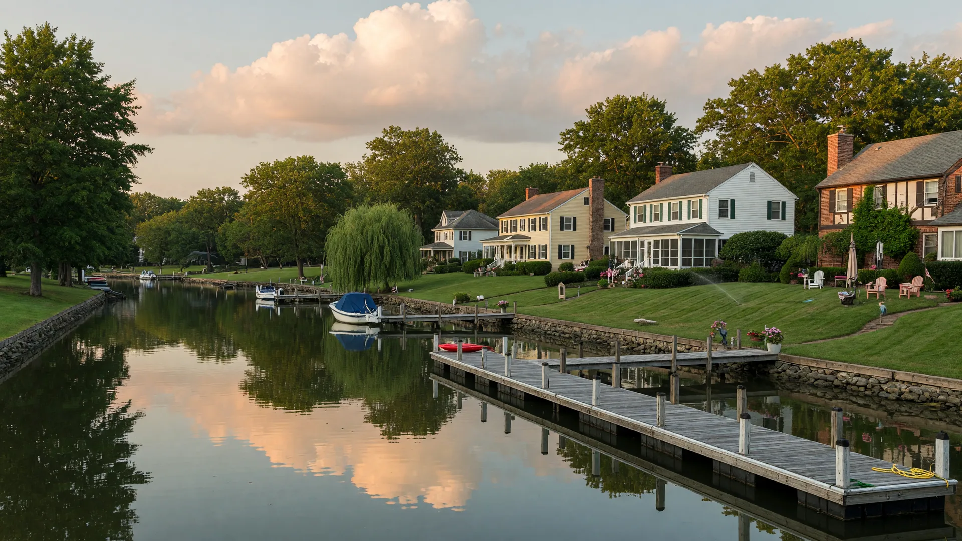 Scenic view of the Rancocas Creek waterfront in Delanco NJ with homes along the creek and a wooden dock