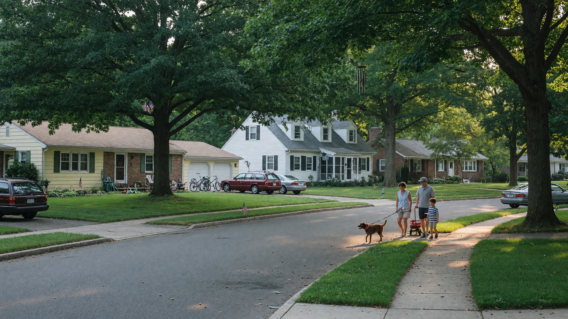 Quiet suburban street in Maple Shade NJ with mid-century homes, mature oak trees, and a family walking on a summer afternoon