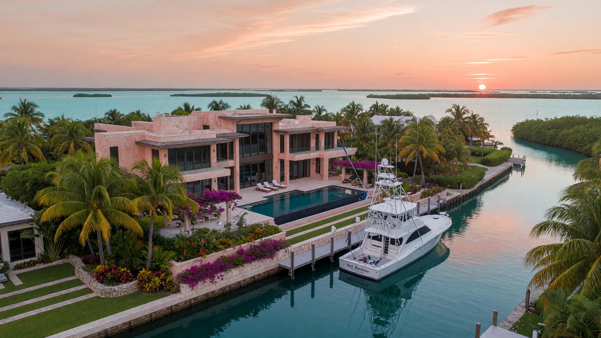 Aerial view of a luxury waterfront estate in Key Largo at dawn with a modern home, yacht at private dock, infinity pool, and turquoise Florida Bay