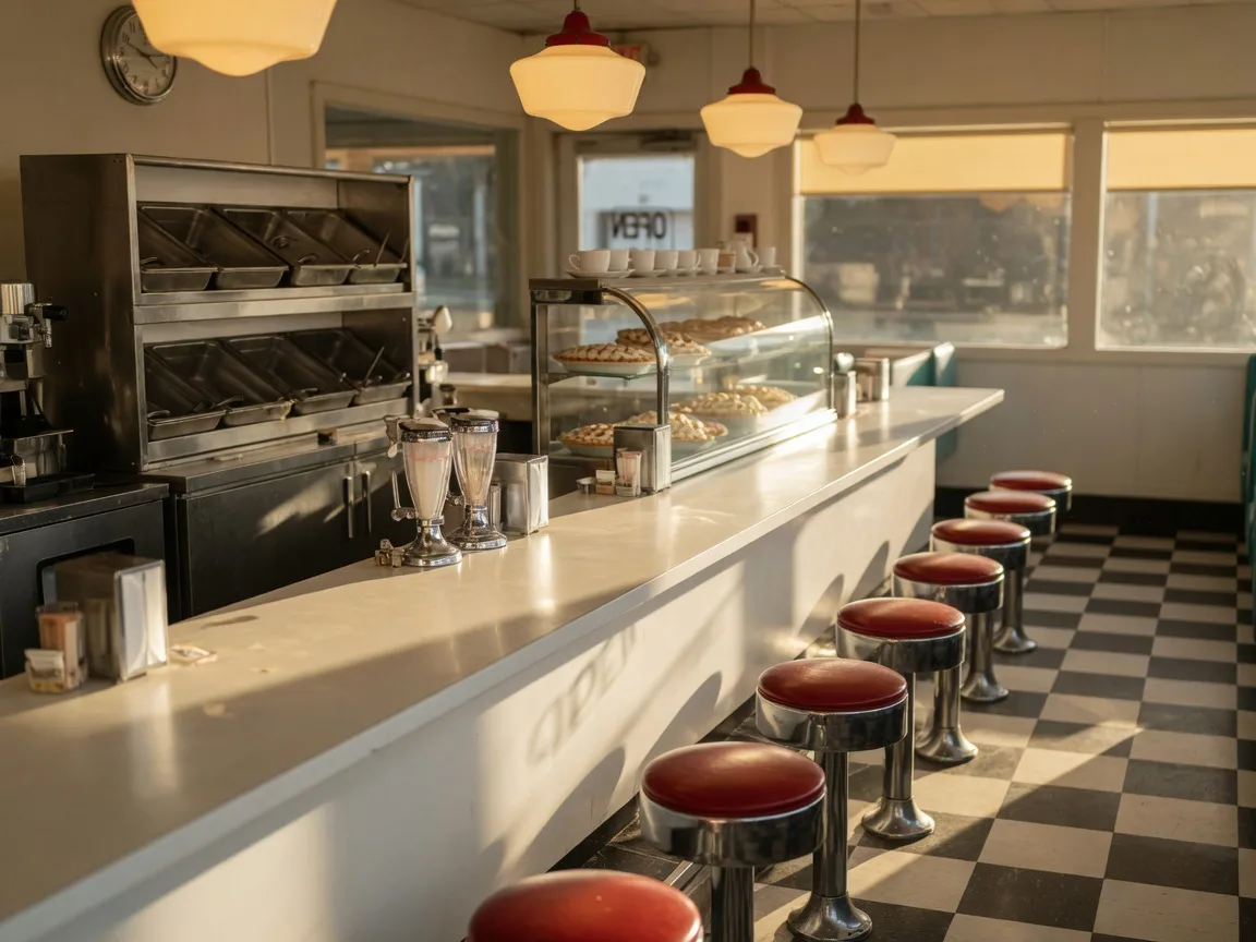 Classic American hamburger diner counter with red vinyl stools and a chrome sandwich station